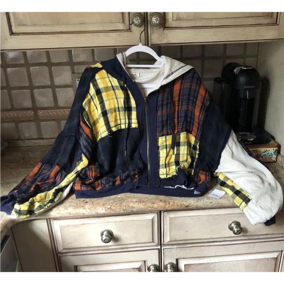 Free People Patch And Reverse Hoodie Pieced Plaid Patchwork Blue Rust Yellow Ivo - Picture 5 of 7
